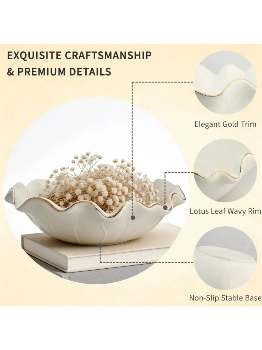 10-Inch Large Decorative Lotus Ruffle Bowl with Elegant Gold Rim Accent